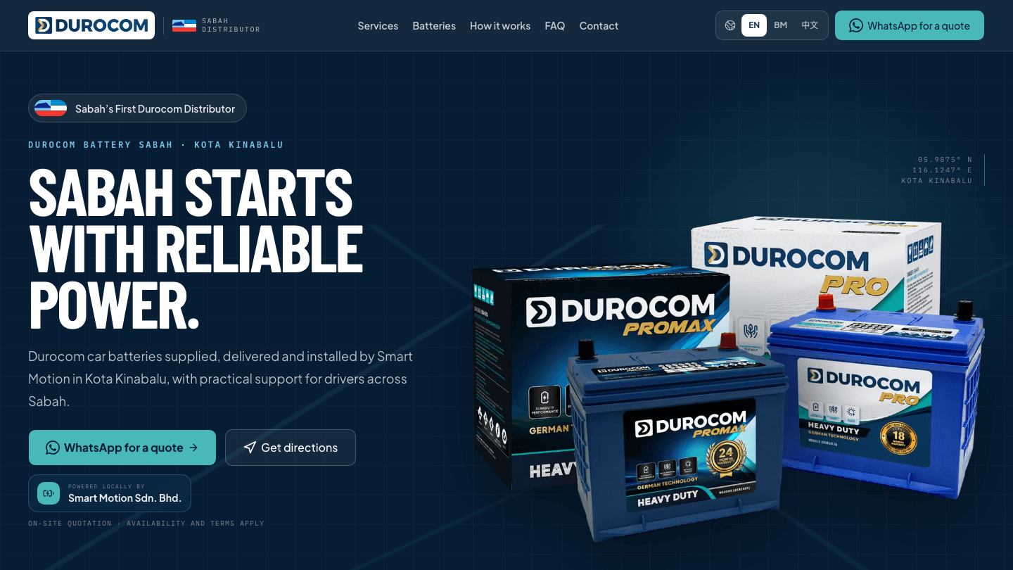 Smart Motion Sdn. Bhd. (Durocom Battery Sabah) website built by Cassnetic Tech